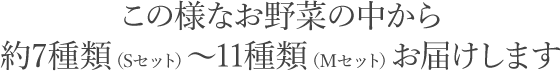 この様な有機野菜のなかから7種類〜11種類をお届けします。